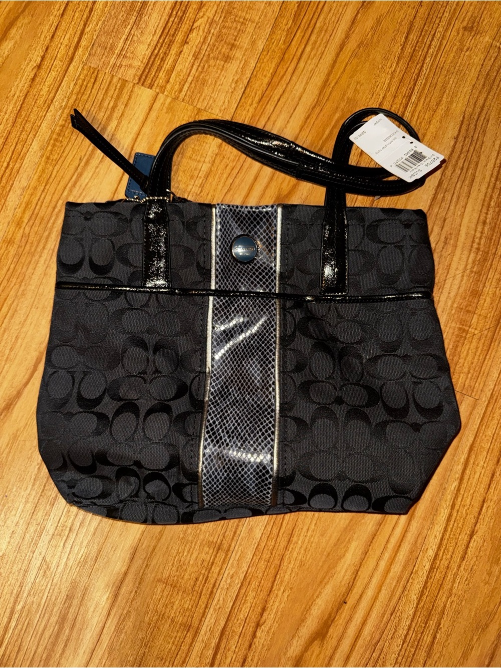 Coach Black Signature Tote with Snake-Print Center Stripe